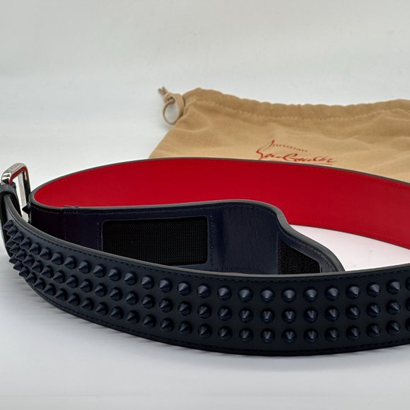 Christian Louboutin LOUBI Logo Spike Studded Leather Belt Navy Blue - Picture 7 of 10